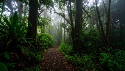 Obraz premium Ethereal Path Winding Through a Lush, Fog-Enshrouded Rainforest