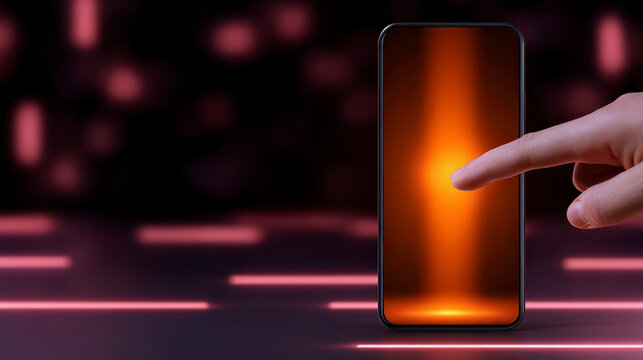 Close up of modern smartphone handle with glowing touchscreen. Capture sleek cellphone grip vibrant display illuminate. experience cutting edge technology perfect for mobile gaming media