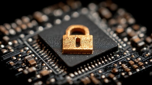 A golden padlock on a black circuit board, with a blurred background of a computer chip.