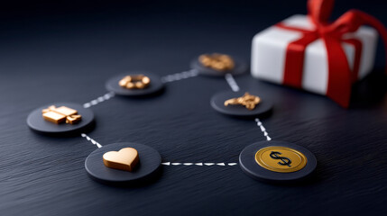 Customer Loyalty Program Strengthen Relationships and Loyalty.Customer loyalty development strategy with icons representing important elements such as gifts customer attraction and long.