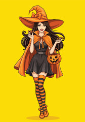 Smiling Halloween witch in black dress and hat holding jack-o’-lantern bucket and candy, festive vector illustration perfect for Halloween party, trick or treat, and seasonal design