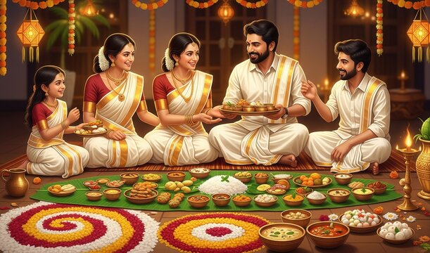 Kerala family celebrating Onam with sadya feast and pookalam