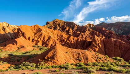 Naklejka premium Golden Hour Light on Jagged Terracotta Mountains in an Arid Valley