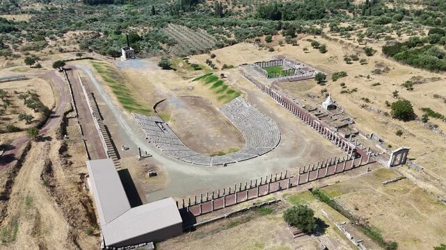 Ancient Messene aerial view, Peloponnese, Greece. Mausoleum, Palaistra and Stadium
