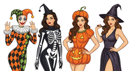 Halloween pin-up illustration featuring women in festive costumes: jester, skeleton witch, pumpkin girl, and elegant witch, perfect spooky holiday design for party and celebration themes