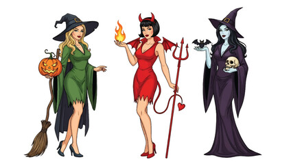 Halloween pin-up illustration featuring sexy witch with pumpkin, devil woman with fire and trident, and gothic lady with skull and bat, perfect spooky holiday costume design