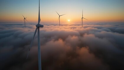 Obraz premium Majestic Wind Turbines Rising Through Clouds at Sunset, Sustainable Energy and Renewable Technology, Aerial View