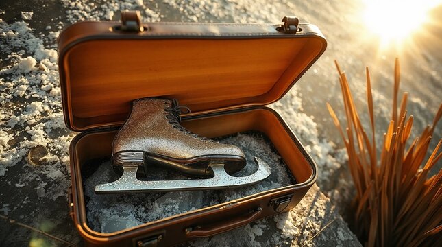 Silver ice skate in an antique suitcase on a snowy Dutch canal with reeds, illustration for "Hans Brinker, or the Silver Skates"