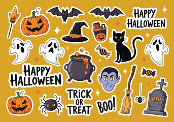 Colorful Halloween sticker pack featuring pumpkins, ghosts, bats, vampire, black cat, cauldron, broom, candy, gravestones, and spooky decorations perfect for party design and holiday fun