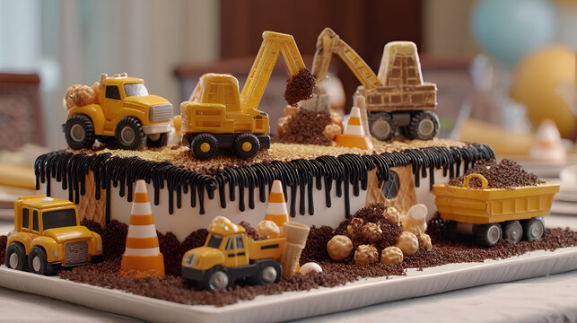 Construction themed cake, decorated with chocolate frosting, yellow toy trucks, and construction vehicles.