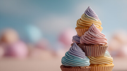 Stack of cupcakes with swirled frosting in pastel hues against a soft, blurred background. Sweet treat.