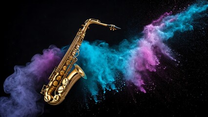 Naklejka premium Golden saxophone with vibrant colorful powder explosion against a dark background, symbolizing music and creativity.