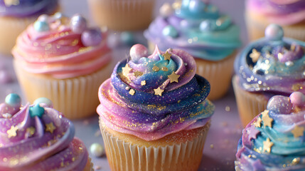Whimsical cupcakes with colorful, galaxy-themed frosting, sprinkles, and edible star decorations on a pastel surface.