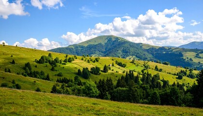 Naklejka premium Lush Green Rolling Hills and Forested Mountain Under a Vibrant Blue Summer Sky