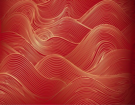 traditional chinese red background adorned with flowing golden wave line patterns