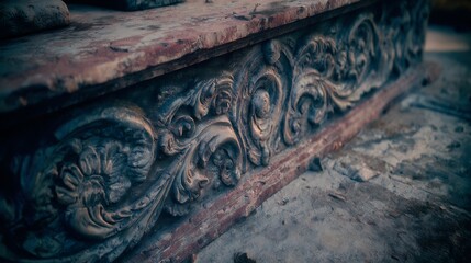An ornate, weathered wooden bench with intricate carvings, set against a weathered wooden background with a mix of red and brown tones, and surrounded by a concrete floor.