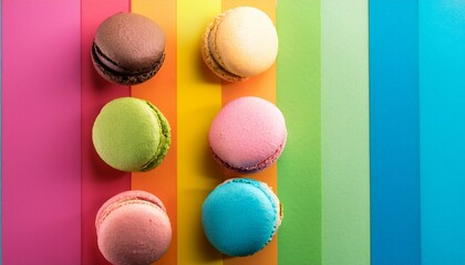 colorful macarons on a striped multicolor background