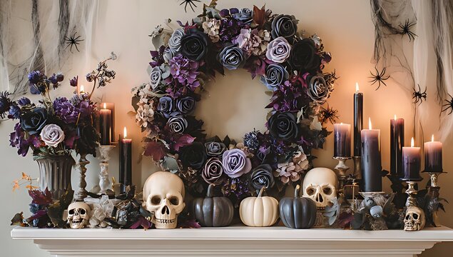 A spooky halloween mantel with purple flowers and skulls