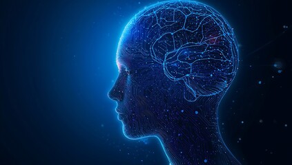 Digital human head with brain circuitry illuminated in blue against a dark background