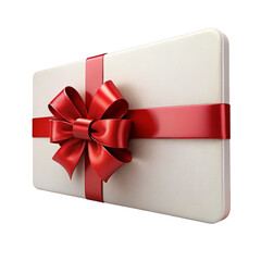 A white gift box with a red ribbon and bow on black background
