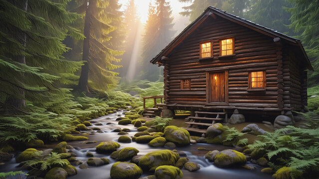 Rustic Wooden Cabin Nestled by Creek in Lush Green Forest with Sunlight - Powered by Adobe