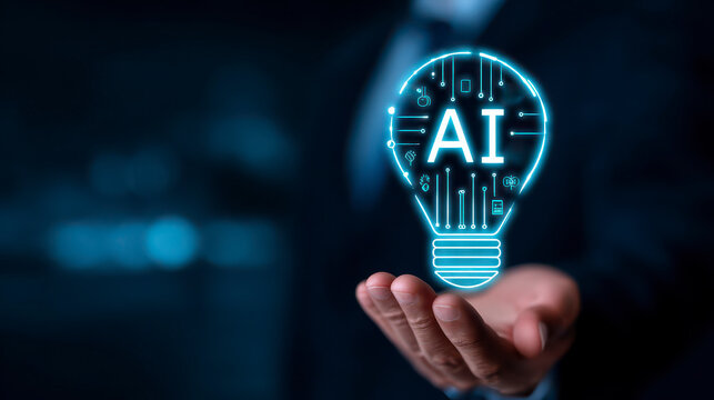 Illuminate Success Harness AI for Business Innovation Now.A businessman holds a glowing AI lightbulb with tech icons symbolizing innovation. Drive advancement leverage machine