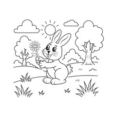 cute bunny holding flower in sunny nature scene with trees and clouds, black and white line art for coloring page on white background.