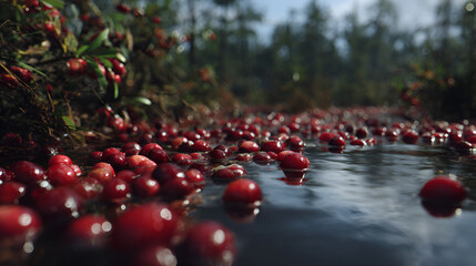 Cranberries floating in water, creating a vibrant red landscape with forest in the background.