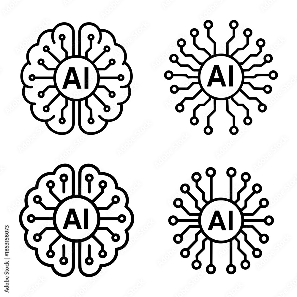 Poster vector four ai brain icons with circuit board connections in a black and white design
