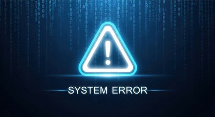 Digital System Error Warning with Glowing Neon Blue Triangle and Binary Code Background