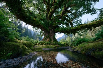 Fototapeta premium Majestic moss covered tree reflecting in a clear stream in the Hoh Rainforest Washington State