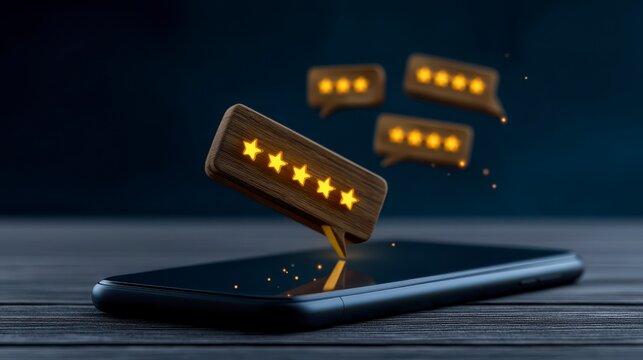 Online product reviews comments and star ratings via mobile. Customer feedback scoring and digital opinion using a smartphone analyze item merit read consumer experiences and provide