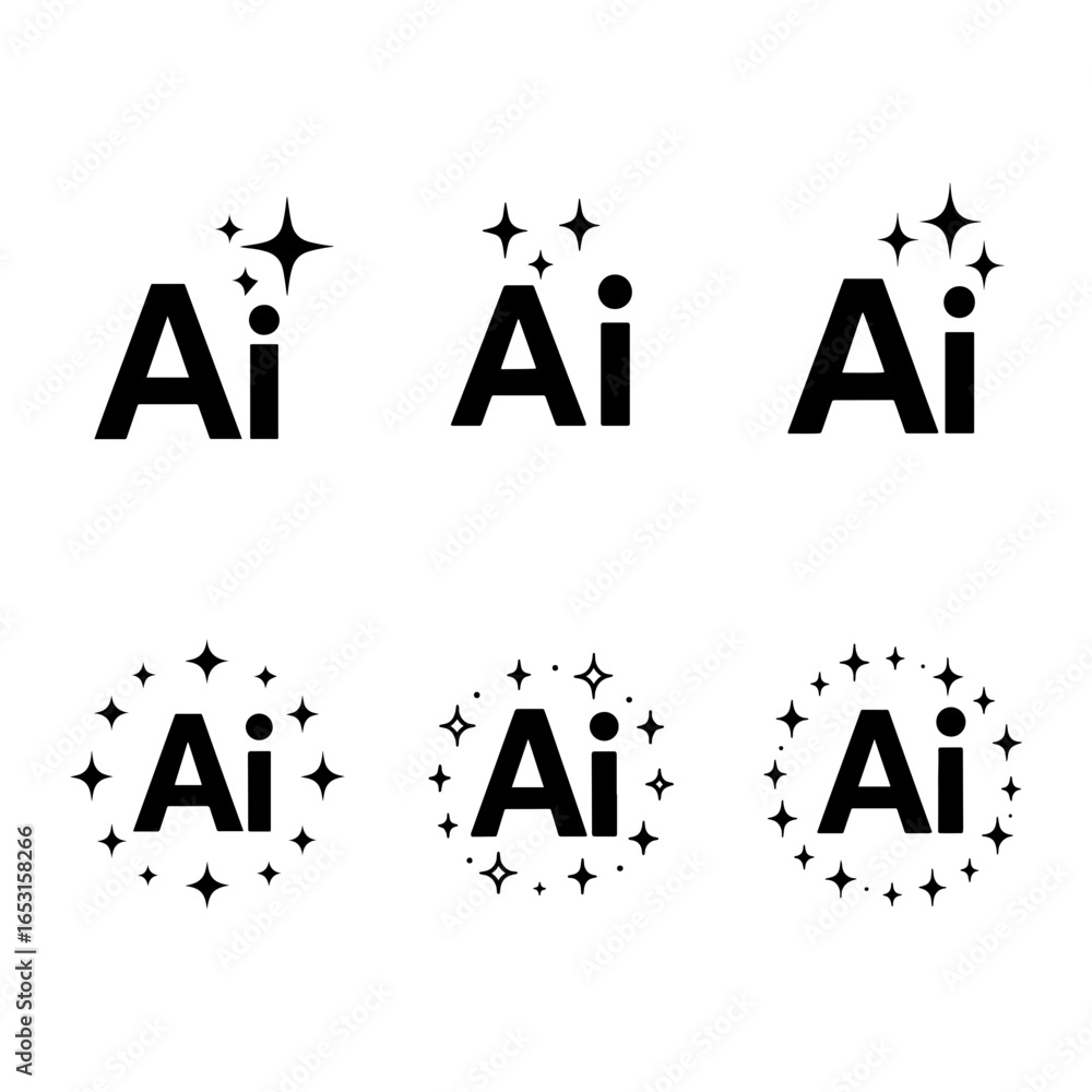 Poster vector illustration showing ai text with star accents in various arrangements and styles