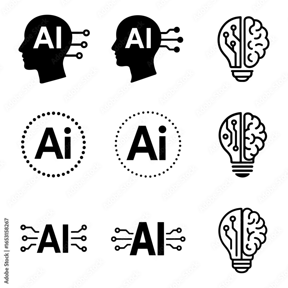 Poster vector illustration showcasing artificial intelligence concepts with head and brain icons
