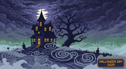 Pixel art of haunted house with full moon and halloween day 2025 text