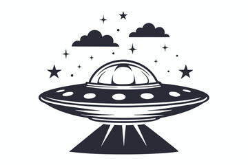 Fototapeta premium Silhouette UFO Spaceship with Stars and Clouds on a White Background Icon