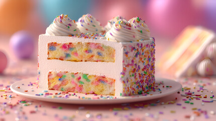 Colorful confetti cake slice with sprinkles and frosting, perfect for birthdays and celebrations.
