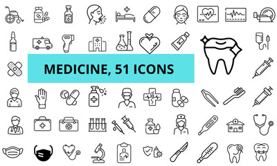 Medicine set with 51 icons depicting healthcare symbols and tools  