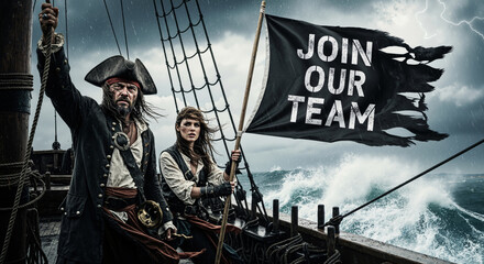 A stern pirate captain and a fierce woman hold a tattered "Join Our Team" flag on a ship's deck amidst a dark, stormy sea and crashing waves.
