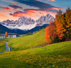 Magnificent view of Santa Maddalena village in front of the Geisler or Odle Dolomites Group