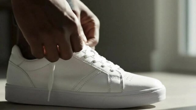 Tying White Sneakers: Close-Up of Hands Lacing Up Clean, Casual Shoes
