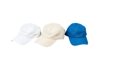 Three baseball caps in white, beige, and blue colors