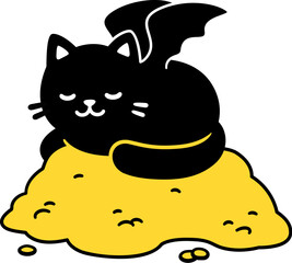 Cute cartoon black cat dragon sleeping on pile of gold. Funny fairy tale character drawing, simple vector illustration.