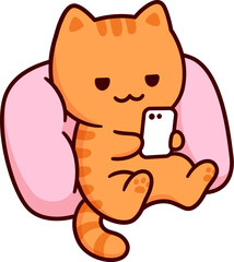 Cute cartoon cat character resting on pillow with phone. Texting, using internet or scrolling social media. Funny vector clip art illustration.