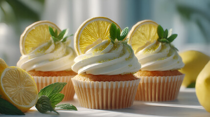 Lemon cupcakes with white frosting, lemon slices and mint leaves on a white surface in soft natural light.