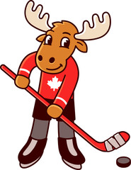 Funny cartoon moose hockey player with Canadian flag uniform. Symbol of Canada, vector clip art illustration.