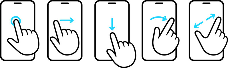 Smartphone touch screen finger gestures icons. Tap, swipe, scroll, drag, pinch to zoom. Cartoon hand drawn vector illustration set.
