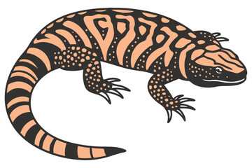 Illustration of a Gila Monster with Black Markings and Pinkish-Orange Skin Curled Tail and Sharp Claws Visible on a White Background