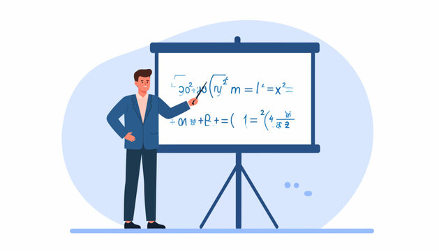 Male teacher explaining mathematical formulas on a projector screen. Vector illustration of a university lecture concept.