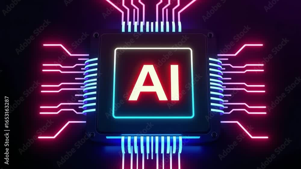 Poster artificial intelligence ai chip glowing futuristic animation with neon circuits technology backgroun